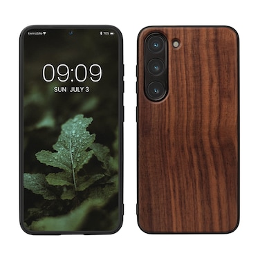 kwmobile Real Wood Case Compatible with Samsung Galaxy S23 Case - Hard Wooden Cover w/TPU Bumper - Dark Brown