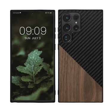 kwmobile Case Compatible with Samsung Galaxy S23 Ultra - Hard Phone Cover with TPU Bumper and Wood/Carbon Back - Dark Brown/Black