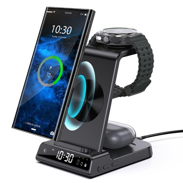 Wireless Charger for Samsung Charging Station with Clock for Samsung Galaxy S24 Ultra/S23 Ultra/Z Flip 6/5/Fold 5/Bud, 3 in 1 Android Charging Station, Watch Charger for Samsung Galaxy Watch 7/6/5Pro