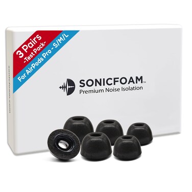 SONICFOAM Memory Foam Earbud Tips - Premium Noise Isolation, Replacement Foam Ear Tips, 3 Pairs for Airpods Pro (SFAIR, S/M/L, Black, Tester Pack)