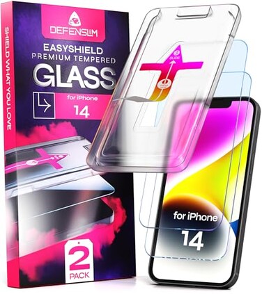 Defenslim Screen Protector compatible with iPhone 14 (2Pack), Easy Auto-Align Install Kit, 6.1" Tempered Glass, 9H Hardness, Ultra HD Clear, Case Friendly, EasyShield
