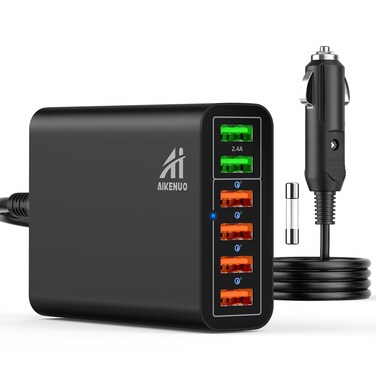 Multi Ports USB Car Charger, 96W 6 Port QC3.0 Fast Adapter Multiple Ports, with Four Quick Charge 3.0 Port, 12V-24V Multi Device Cigarette Lighter for Smart Phone &amp; Tablets Charging