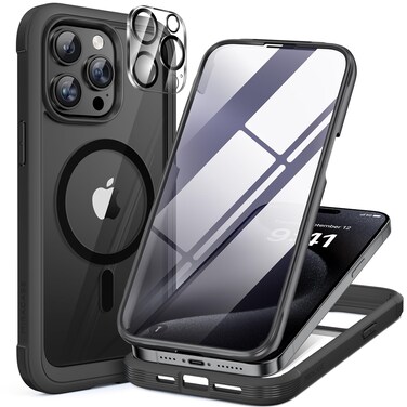 Miracase Magnetic for iPhone 15 Pro Case [Compatible with MagSafe] Full-Body Bumper Phone case with Built-in Glass Screen Protector&amp; Camera Protector, Military Drop Proof 15 Pro Cover 6.1 inch, Black