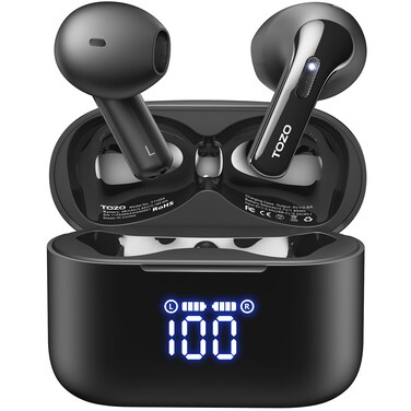 TOZO T21 Wireless Earbuds Bluetooth 5.3 in Ear Headphones Dual Mic Call Noise Cancelling IPX8 Waterproof 44H Playback Stereo Sound with LED Display Wireless Charging Case 32 EQs via APP Black