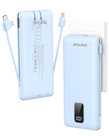 Charmast Portable Charger with Built-in Cables &amp; Wall Plug, 10000mAh Portable Power Bank, External Battery Pack Travel Essentials Compatible with iPhone 16/15/14/13, Samsung, iPad etc