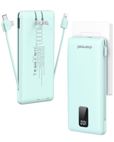 Charmast Portable Charger with Built-in Cables and Plug, 10000mAh USB C Power Bank Fast Charging 15W, External Battery Pack Slim, Travel Essentials Compatible with 16 15 14 13, Samsung Galaxy, iPad