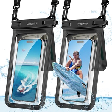 SYNCWIRE Waterproof Phone Case, 2-Pack IPX8 Double Space Waterproof Phone Pouch for iPhone 15 14 13 12 Pro Max XR X SE 2022 8 Samsung S24 S23 S22 Ultra S21 Phones Under 8.5 Inch - Black