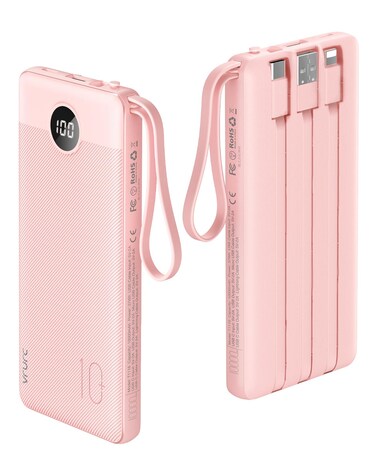 VRURC Portable Charger 10000mAh, Slim LED Display Power Bank, 5 Output 2 Input Cell Phone Battery Pack, Built-in Micro &amp; USB C Cables Phone Charger Compatible with iPhone,Samsung,Android-Pink(1 Pack)