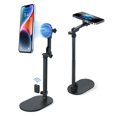 JJC Strong Magnetic Phone Desk Stand Compatible with MagSafe for iPhone 16, 15, 14, 13, 12 Pro Max Plus, MagSafe Case &amp; All Smartphones, Height &amp; Angle Adjustable iPhone Stand with Remote Control