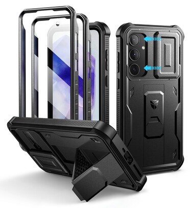 Dexnor for Samsung Galaxy A35-5G Case, [2 Front Frame] [Bulit-in Slide Camera Cover &amp; Kickstand] Heavy Duty Military Grade Protection Shockproof Phone Case with Screen Protector, 6.6 inch Black