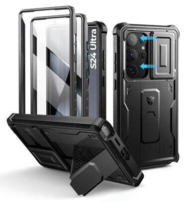 Dexnor for Samsung Galaxy S24 Ultra Case with Built-in Slide Camera Cover &amp; Screen Protector &amp; Kickstand, Shockproof Rugged Case Full-Body Bumper Protective Cover for Galaxy S24 Ultra (2024),Black