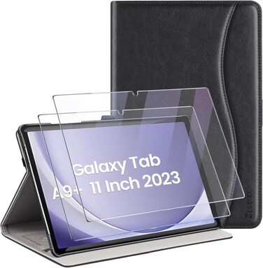 ZtotopCases for Samsung Galaxy Tab A9 Plus 11 Inch 5G 2023 Case with 2 Tempered Glass Screen Protectors, PU Leather Cover with Hand Strap, Front Pocket for Tablet A9+ 11''(SM-X210/X216/X218), Black