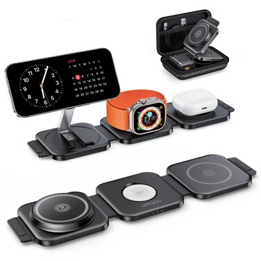 JARGOU 3 in 1 Charging Station for iPhone 16/15/14/13/12 Series, Travel Charger for Multiple Devices for AirPods 4/3/2/Pro,Wireless Charger Magnetic Charging for Apple Watch S10 Series(Black)