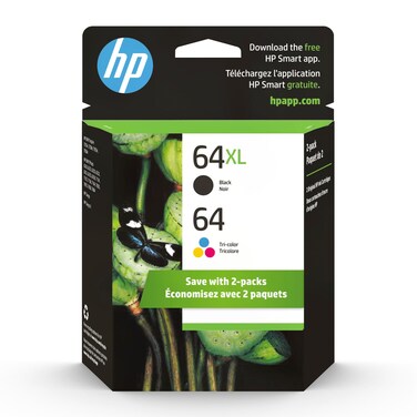 Original HP 64 Tri-color / 64XL Black Ink Cartridges (2-Pack)   Works with HP ENVY Inspire 7250e, 7950e Series; HP ENVY Photo 6200, 7100, 7800 Series