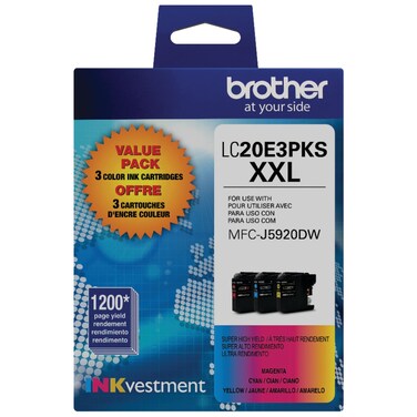 Brother Genuine High Yield Color Ink Cartridge, 3 Pack of LC20E, Replacement Color Ink Three Pack, Includes 1 Cartridge Each of Cyan, Magenta &amp; Yellow, Page Yield Up to 1200 Pages/Cartridge, LC20E