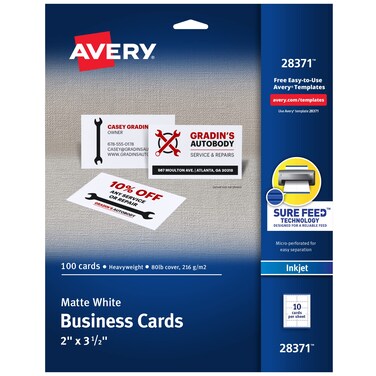 Avery Printable Business Cards with Sure Feed Technology, 2" x 3.5", White, 100 Blank Cards for Inkjet Printers (28371)