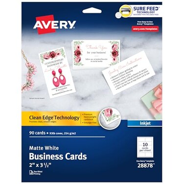 Avery Clean Edge Printable Business Cards with Sure Feed Technology, 2" x 3.5", White, 90 Blank Cards for Inkjet Printers (28878)