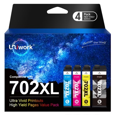 Uniwork 702XL 702 XL 702 Ink Cartridges Remanufactured Ink High Yield Replacement for Epson 702XL 702 702 XL T702XL use with Pro WF-3720 WF-3730 WF-3733 Printer (Black Cyan Magenta Yellow, 4 Pack)