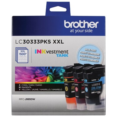 Brother Genuine LC30333PKS 3-Pack, Super High-yield Color INKvestment Tank Ink Cartridges; Includes 1 Cartridge each of Cyan, Magenta &amp; Yellow, Page Yield Up to 1,500 Pages/Cartridge, LC3033