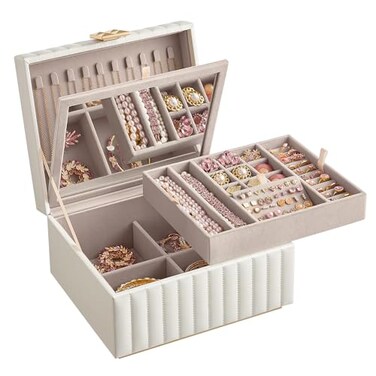 SONGMICS HOME 2-Tier Jewelry Box with Mirror, Jewelry Organizer, Removable Tray, PU Surface with Stitching, Floating Effect, 8.5 x 9.4 x 5.3 Inches, Cloud White, ANAH Collection UJBC182W01