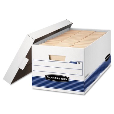Bankers Box 12 Pack STOR/File Medium-Duty File Storage Boxes, FastFold, Lift-Off Lid, Letter, White/Blue
