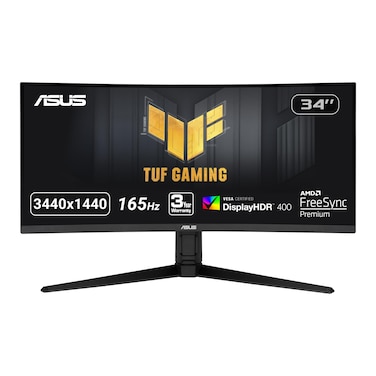 ASUS TUF 34 Inch Curved Gaming Monitor - WQHD (3440x1440), 165Hz, 1ms, Extreme Low Motion Blur, FreeSync Premium, Eye Care, Height Adjustable, DisplayHDR 400, DisplayPort, HDMI, USB - VG34VQL1B