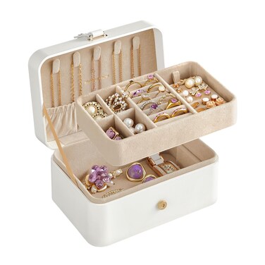 SONGMICS Jewelry Box, 2-Layer Jewelry Holder Organizer, Travel Jewelry Case, Portable Versatile Earring Storage, for Larger Accessories, Gifts for Women and Girls, Cloud White UJBC166W01