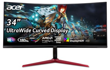 Acer Nitro 34" UWQHD 3440 x 1440 1500R Curved PC Gaming Monitor   AMD FreeSync Premium   Up to 180Hz Refresh   1ms (VRB)   400nit   DisplayHDR 400   1 x DP 1.4 &amp; 2 x HDMI 2.0   XZ342CU Vbmiiphx