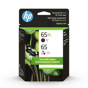 HP Original 65 Tri-Color / 65XL Black Ink Cartridges (2-pk)   Works AMP 100 Series DeskJet 2600, 3700 Series Envy 5000 Series   Eligible for Instant Ink   6ZD95AN