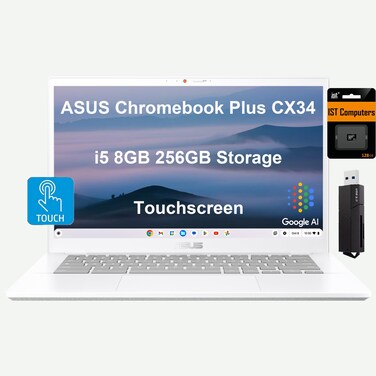 ASUS Chromebook Plus CX34 Laptop, 14" FHD Touchscreen, Intel Core i5-1335U, 8GB RAM, 256GB Storage (128GB UFS +128GB IST SD Card) Enterprise Business, 2TB Cloud Storage, Google AI, Chrome OS, White