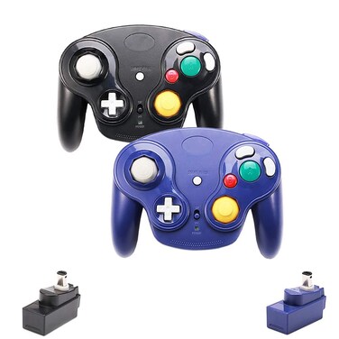 VTone Wireless Game Cube Controller, 2 Pieces 2.4G Wireless Classic Gamepad with Receiver Adapter for Wii Game Cube NGC GC (Black and Dark Blue)