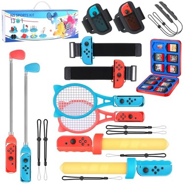 Switch Sports Accessories Bundle - 13 in 1 Family Pack with Tennis Rackets, Adjustable Golf Clubs, Chambara Swords, Soccer Leg Straps, Wrist Band, Joycon Strap, Game Case for Switch &amp; OLED