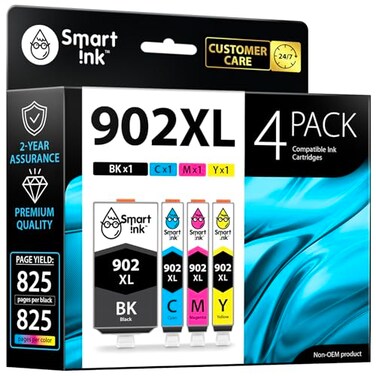 Smart Ink Compatible Ink Cartridge Replacement for HP 902 XL 902XL (4 Combo Pack) to use with Officejet Pro 6978 6968 6974 6975 6960 Officejet 6951 6954 6956 6958 Printers