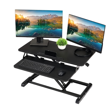 TechOrbits Standing Desk Converter - 32 Inch Adjustable Sit to Stand Up Desk Workstation, Particle Board, Dual Monitor Desk Riser with Keyboard Tray, Desktop Riser for Home Office Laptop, Black 32
