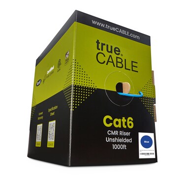 TRUE CABLE Cat6 Riser (CMR), 1000ft, Blue, 23AWG 4 Pair Solid Bare Copper, 550MHz, ETL Listed, Unshielded Twisted Pair (UTP), Bulk Ethernet Cable