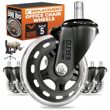 Replacement Office Chair Wheels (3" Set of 5) - Smooth &amp; Quiet Rolling Heavy Duty 98% Universal Fit Caster Wheels for Office Chair - Desk Chair Wheels Clear for Hardwood Tile Vinyl Floors &amp; Carpet