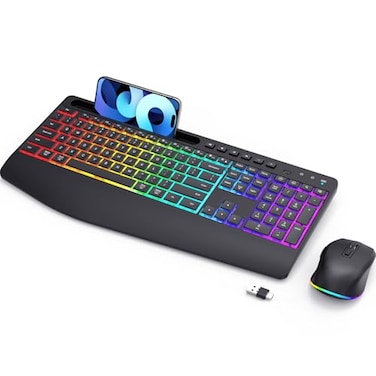 Wireless Keyboard and Mouse Combo - Dual System RGB Backlit Mouse and Keyboard,2.4G Rechargeable,Full-Sized Ergonomic Silent Design with Phone Holder for Windows Mac PC Laptop