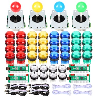 EG Starts 4 Player Classic DIY Arcade Joystick Kit Parts USB Encoder To PC Controls Games + 4/8 Way Stick + 5V LED Illuminated Push Buttons Compatible Video Game Consoles MAME Raspberry Pi &amp; 4 Colors