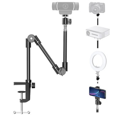 KDD Webcam Stand Camera Mount with Phone Holder, 22 Inch Foldable Flexible Gooseneck Cell Phone Clamp &amp; Table Projector Mount, for Logitech C922 C930e C920S C920 C960 Brio 4K, Gopro Hero 8 7 6 5