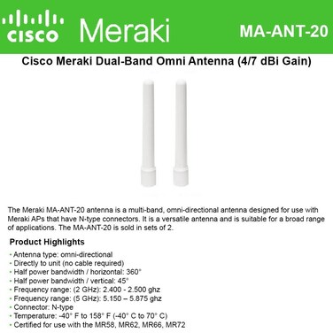 Cisco Meraki Dual-Band Omni Antenna (4/7 dBi) for MR66 &amp; MR72 access points, 2-Pack Antenna Kit