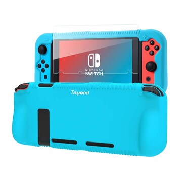 Teyomi Protective Silicone Case for Nintendo Switch, Grip Cover with Tempered Glass Screen Protector, 2 Storage Slots for Game Cards, Shock-Absorption &amp; Anti-Scratch (Blue)