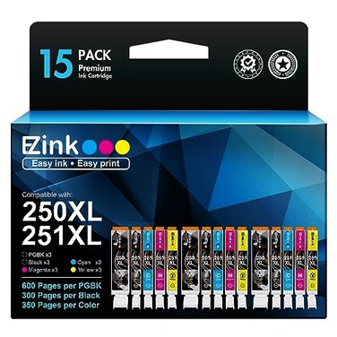 E-Z Ink Compatible Ink Cartridges Replacement for Canon 250 251 XL PGI-250XL CLI-251XL to use with PIXMA MX922 MX920 IX6820 MG5520 MG7520 IP8720 MG6620 MG6320 MG7120 (15 Pack)
