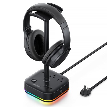 TROND Headphone Stand with USB C, Desk Gaming Headset Holder with 3 AC Outlets, 2 USB A and 1 USB C, Headset Stand with 5 RGB Light Modes, for Gaming Desk Accessories Gamer Boyfriend Gifts