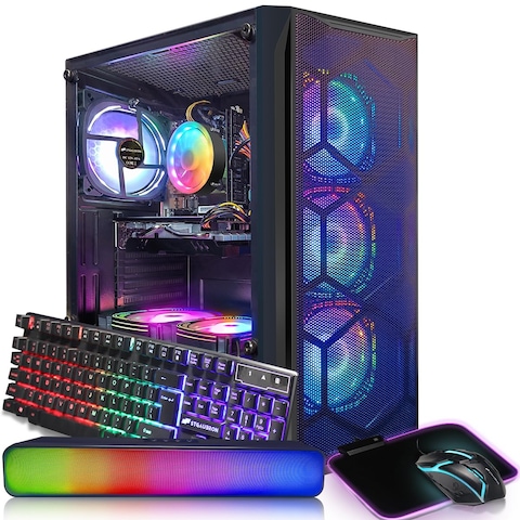 STGAubron Gaming PC Desktop Computer, Intel Core I7 up to 3.9 GHz, Radeon RX 580 8G, 16G RAM, 512G SSD, WiFi, Bluetooth 5.0, RGB Fan x6, RGB BT Sound Bar, Windows 10 Home