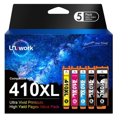 Uniwork Remanufactured 410XL Ink Cartridge Replacement for Epson 410XL 410 XL T410XL use for Expression XP-830 XP-640 XP-7100 XP-630 XP-530 XP-635 Printer Tray (Latest Upgraded Chip, 5 Pack)