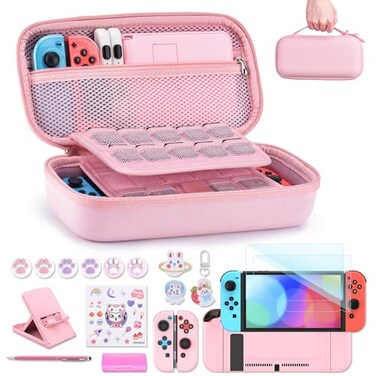 innoAura Switch Case for NS Switch 19 in 1 Switch Accessories Bundle with Switch Carrying Case, Switch Game Case, Switch Screen Protector, Switch Stand, Switch Thumb Grips (Pink)