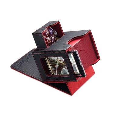 Mage Tech Card Deck Box for MTG Commander - Patented Design, Commander Display, Fits 100 Double-Sleeved Cards, 35pt Card Brick &amp; Dice Tray - Black/Red