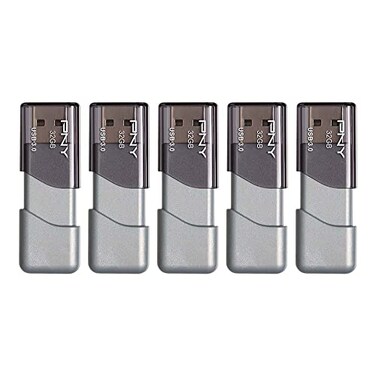 PNY 32GB Turbo Attache 3 USB 3.0 Flash Drive, Grey (Pack of 5)