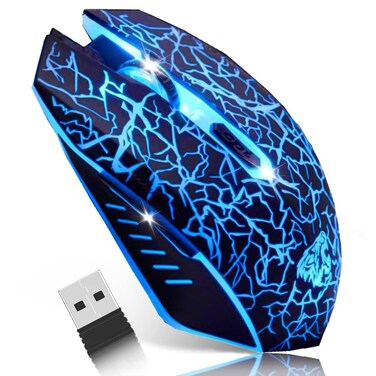 VEGCOO C10 Wireless Gaming Mouse Rechargeable Silent Optical Mice 7 Colors LED Lights, 7 Buttons 2400/1600/800DPI (Black)