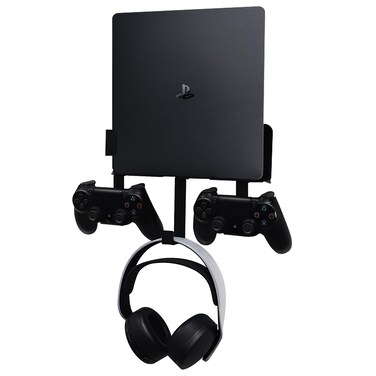 Nymus Wall Mount for PS4 Slim, PS4 Slim Wall Mount with Detachable 2 Controller Holder &amp; Headphone Hanger, Metal Stealth Stand for Playstation 4 Slim